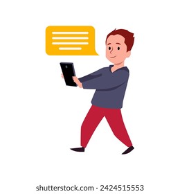 Vector illustration of a boy with a phone, absorbed in reading a message or information. Flat, isolated full length character with speech bubble. Technologies and gadgets.