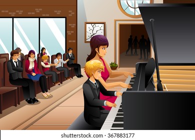 A vector illustration of boy in piano recital with his teacher