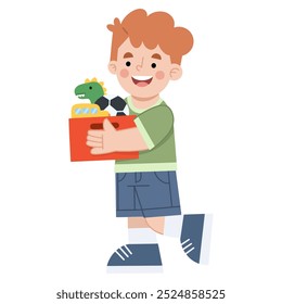 Vector illustration of a boy picking up toys