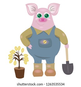 Vector illustration of a boy pig gardener with shovel and potted plant. In overalls, shirt, boots. Is worth, looks, smiles. For registration of children's clothing, magazines, books, covers, posters, 