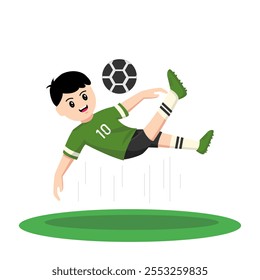 Vector illustration of a boy playing ball and doing a bicycle kick