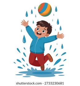 Ilustración vectorial de niño jugando con pelota en ropa de otoño disfrutando de salpicaduras de charcos de Clima lluviosos perfectos para la actividad de los niños de temporada o jugar obras de arte temáticas