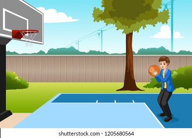 A vector illustration of Boy Playing Basketball in Backyard 