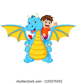 vector illustration of the boy playing with the big blue dragon and it can produce the fire