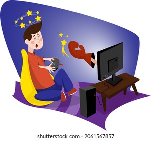 vector illustration of a boy playing a computer game and lost. the game is over