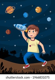 Vector illustration with boy playing cosmos rocket. Children space illustration.