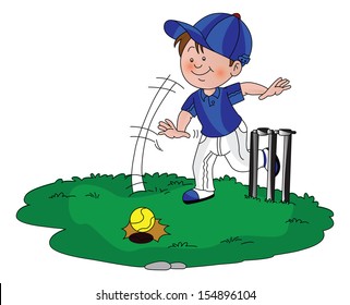 Vector illustration of a boy playing cricket.