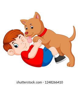 Vector Illustration Of Boy Playing With Dog And Dog Licking His Owner Face