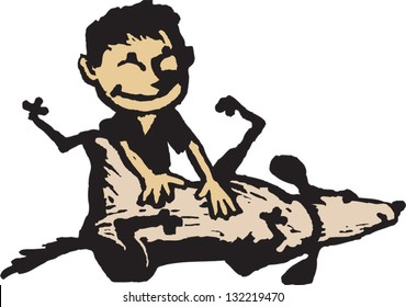 Vector illustration of a boy playing with dog