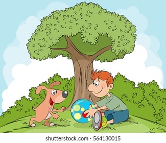 Vector illustration of a boy playing with dog
