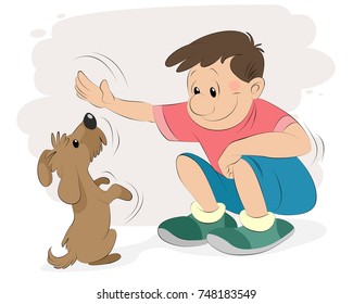 Vector illustration of a boy playing with a dog