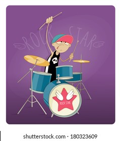 Vector illustration of a boy playing the drums. Crazy drummer, rock star. Use for card, poster, banner, web design and print on t-shirt. Easy to edit. Vector illustration.