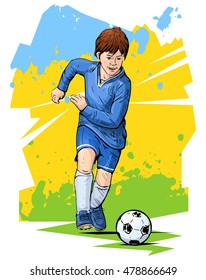 Vector illustration of a boy playing football. Kid running with the ball. Beautiful sport themed poster. Youth football league, summer sports.