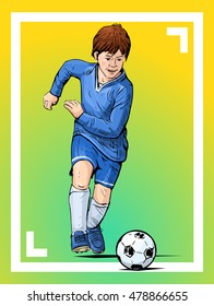 Vector illustration of a boy playing football. Kid running with the ball. Beautiful sport themed poster. Youth football league, summer sports.