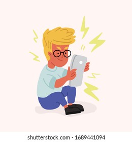 Vector illustration of the boy playing gadget isolated on light background. Cute cartoon illustration of the toddler with the tablet and flash signs. kids with gadgets concept in cartoon style
