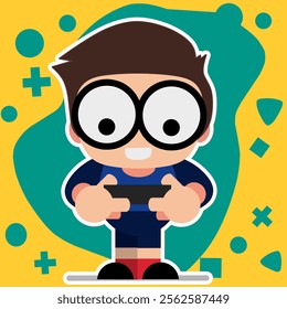 Vector illustration of a boy playing games on a smartphone. phone or internet addiction concept, happy child with smartphone.