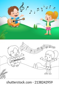 vector illustration of a boy playing guitar and little girl singing