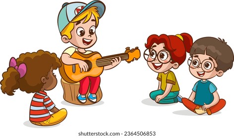 Ilustración vectorial de un niño tocando guitarra a sus amigos