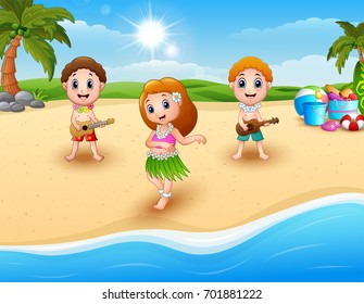 Vector illustration of Boy playing guitar and hawaiian girl hula dancing at the beach
