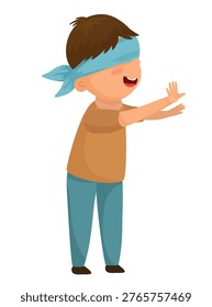 Vector illustration of a boy playing hide and seek with a blue bandana covering his eyes.