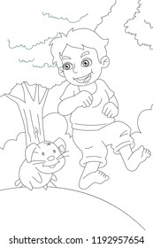 A vector illustration of boy playing with his dog painting