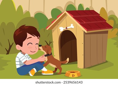 Una Ilustración vectorial de niño jugando con su perro
