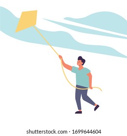 Vector illustration boy playing with kite. Kid enjoying and relaxing their time outdoors