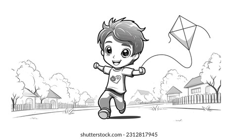 Vector Illustration, Boy Playing a Kite, lineart