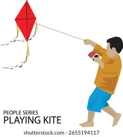 vector illustration of boy playing kite