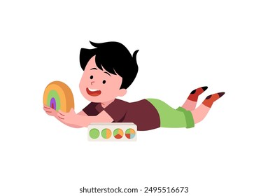 Vector illustration with a boy playing with Montessori toys: a wooden rainbow and a round puzzle with colorful details. Ideal for developing logic and thinking