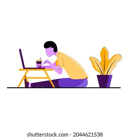 vector illustration of a boy playing on a laptop and holding a drinking cup.