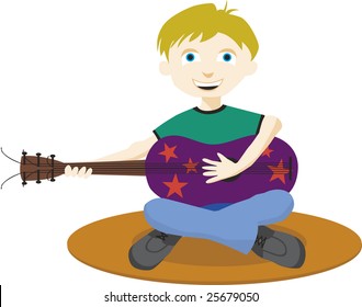 Vector illustration of a boy playing a purple guitar.