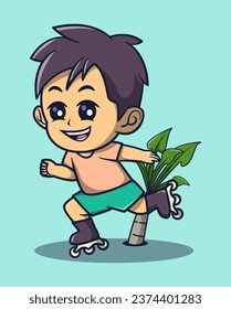 vector illustration of a boy playing roller skating happily. hobby icon concept