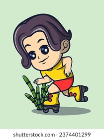 vector illustration of a boy playing roller skating funny. hobby icon concept