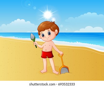 Vector illustration of Boy playing a sand with shovel