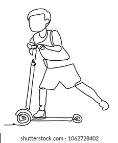 Ilustración vectorial de niño jugando una moto. Aislado sobre fondo blanco. Dibujo de línea continua. Vector monocromo, dibujando por líneas. Personas en el parque.