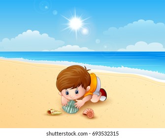 Vector illustration of Boy playing a sea shells at the beach