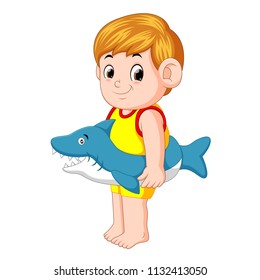 vector illustration of boy playing with shark inflatable ring