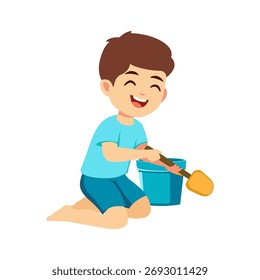 Ilustração vetorial de um menino brincando de pá no chão