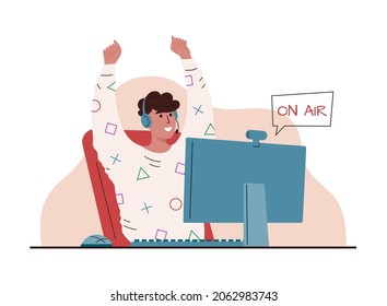 Vector illustration of boy playing video games online. Pro gamer recording video during the game. Streamer. Happy boy who won game competition.Virtual championship. Banner for game championship.