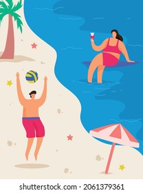 Un niño ilustrador vectorial está jugando voleibol y una niña escalofriante en la playa en verano.