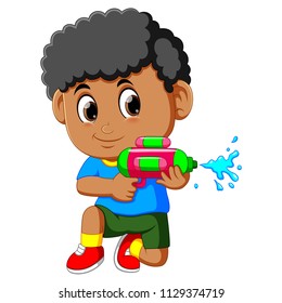 vector illustration of Boy playing with water gun
