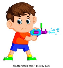 vector illustration of Boy playing with water gun