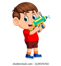vector illustration of Boy playing with water gun