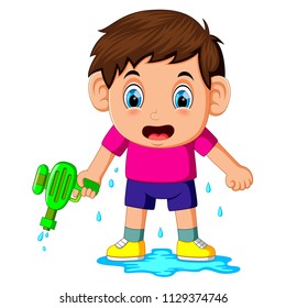 vector illustration of Boy playing with water gun