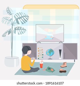 vector illustration. A boy plays a game console. The boy is sitting on the floor and playing a game on the TV