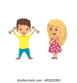 Vector illustration. Boy plays sports and raises dumbbell. Girl admires boy.