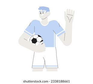 Vector illustration of boy in professional uniform playing football or soccer. Creative man soccer, football club, game or friendly match illustration. Male or family soccer club or competition.