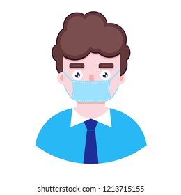 Vector illustration of boy in protective medical mask on white background