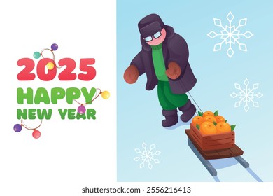 Vector illustration of a boy pulling a box of tangerines on a sled. New Year's card.